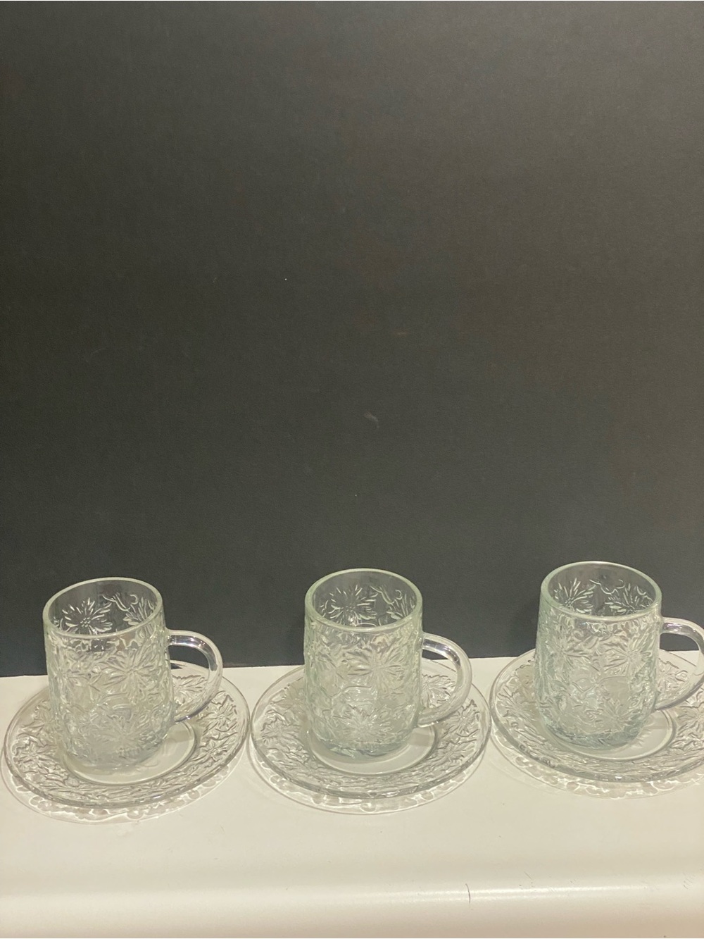 Vintage Princess House Fantasia Clear Glass Mugs and Saucers Set of 3 Poinsetti